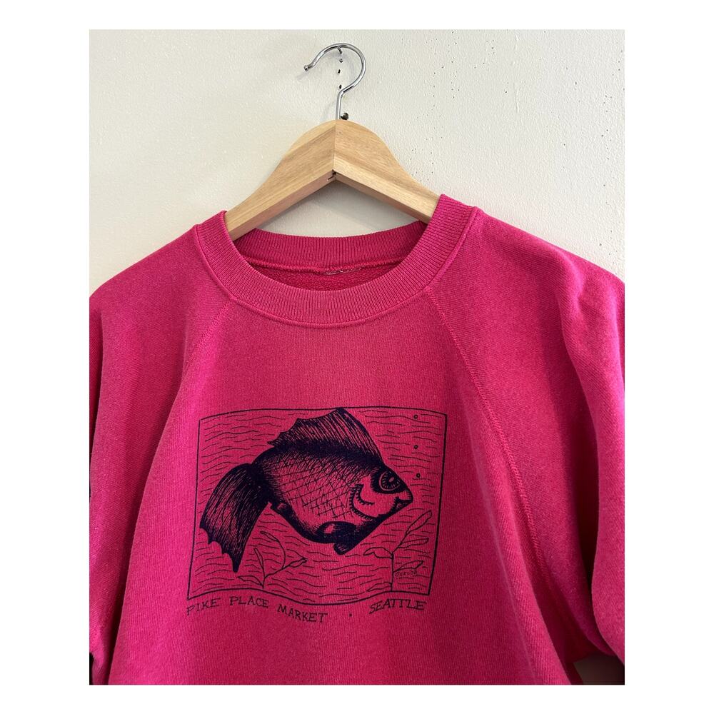 Vintage 80s 90s Seattle Pike Place Market Fish Raglan Sweatshirt Men's Medium